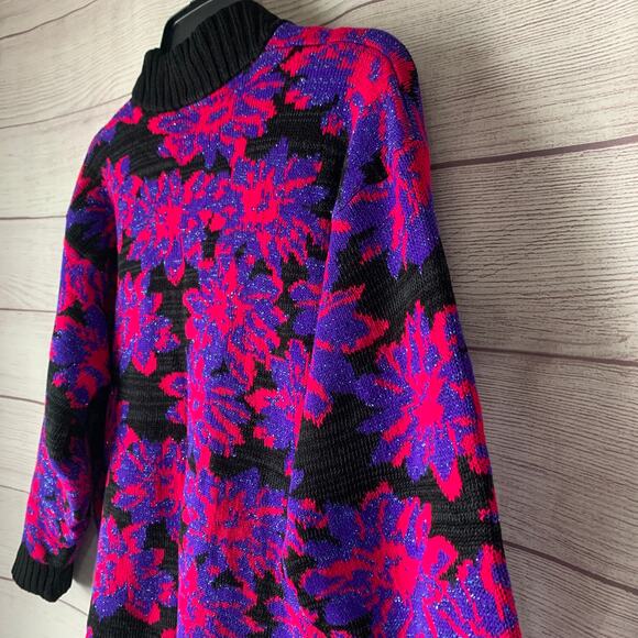Vintage Floral Sweater Mock Turtleneck 80s 90s Neon Pink Purple Glitter Retro - Picture 15 of 15